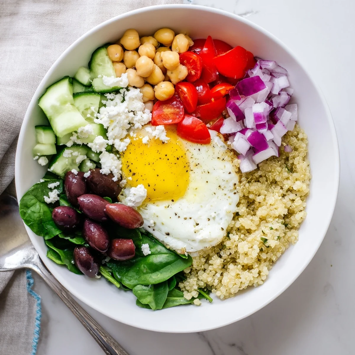 Savory Mediterranean Breakfast Bowls served warm with soft eggs, Kalamata olives, and vibrant fresh vegetables.