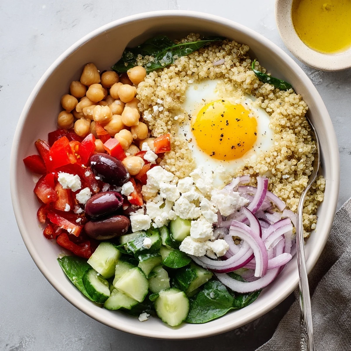 Colorful Mediterranean Breakfast Bowls with cucumber, feta, and chickpeas drizzled with lemon oregano dressing.  