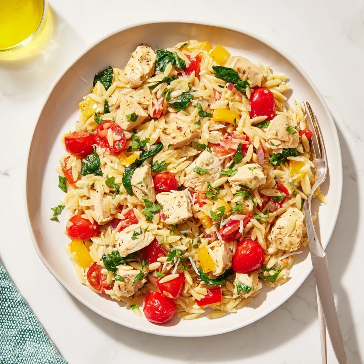 Bright pan-seared chicken pieces rest atop creamy orzo pasta, mixed with vibrant red bell peppers, spinach, and cherry tomatoes, garnished with fresh parsley in a herbed sauce.