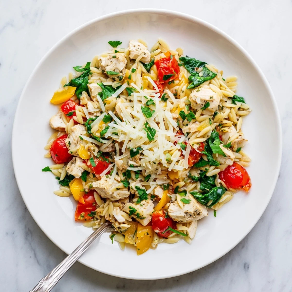 A single skillet holds a hearty serving of High Protein Chicken Orzo, featuring tender meat, al dente pasta, and colorful vegetables, perfect for a quick weeknight family dinner.