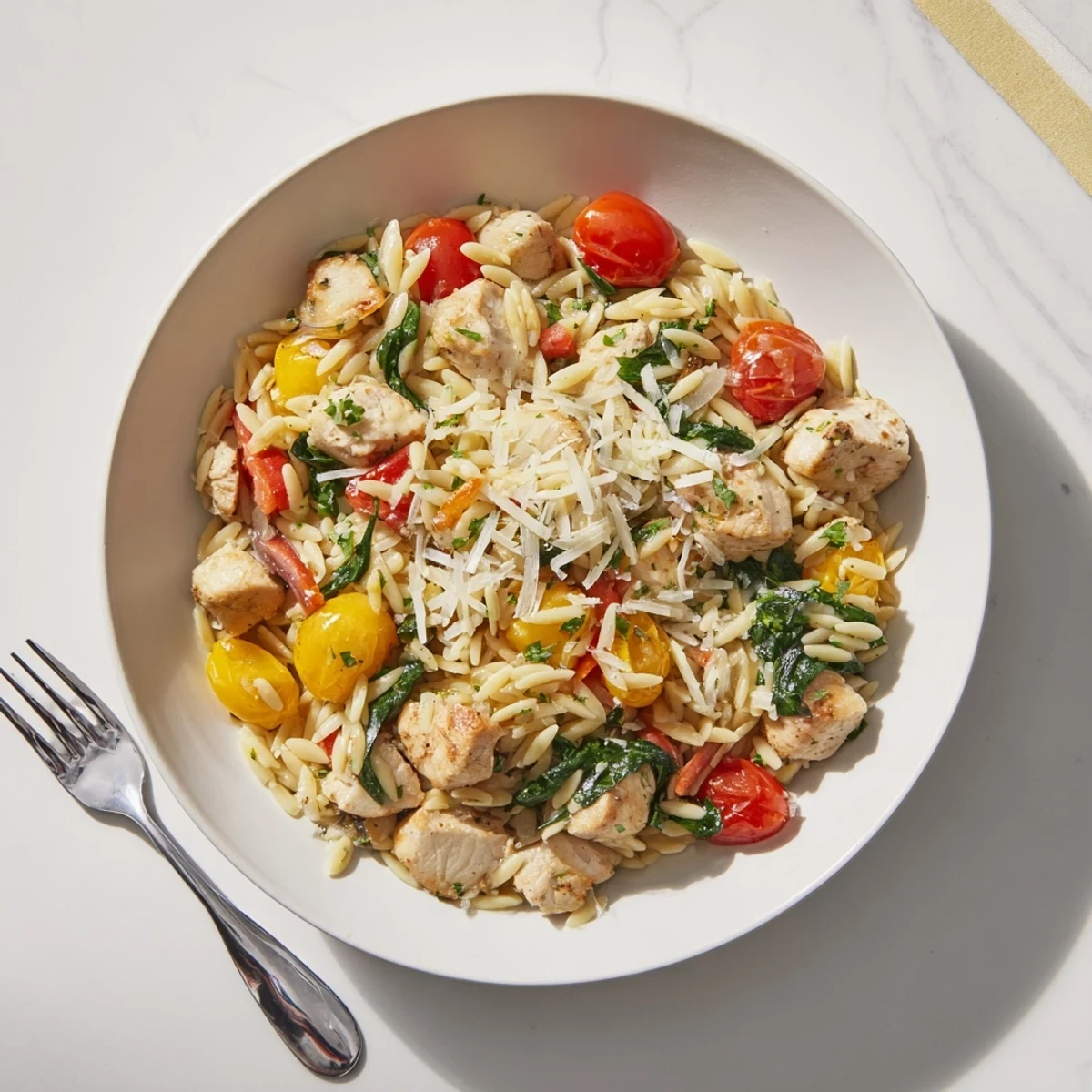 Close-up of a white bowl filled with savory High Protein Chicken Orzo, where steam rises from melted Parmesan cheese and lemon juice is being squeezed over the top.
