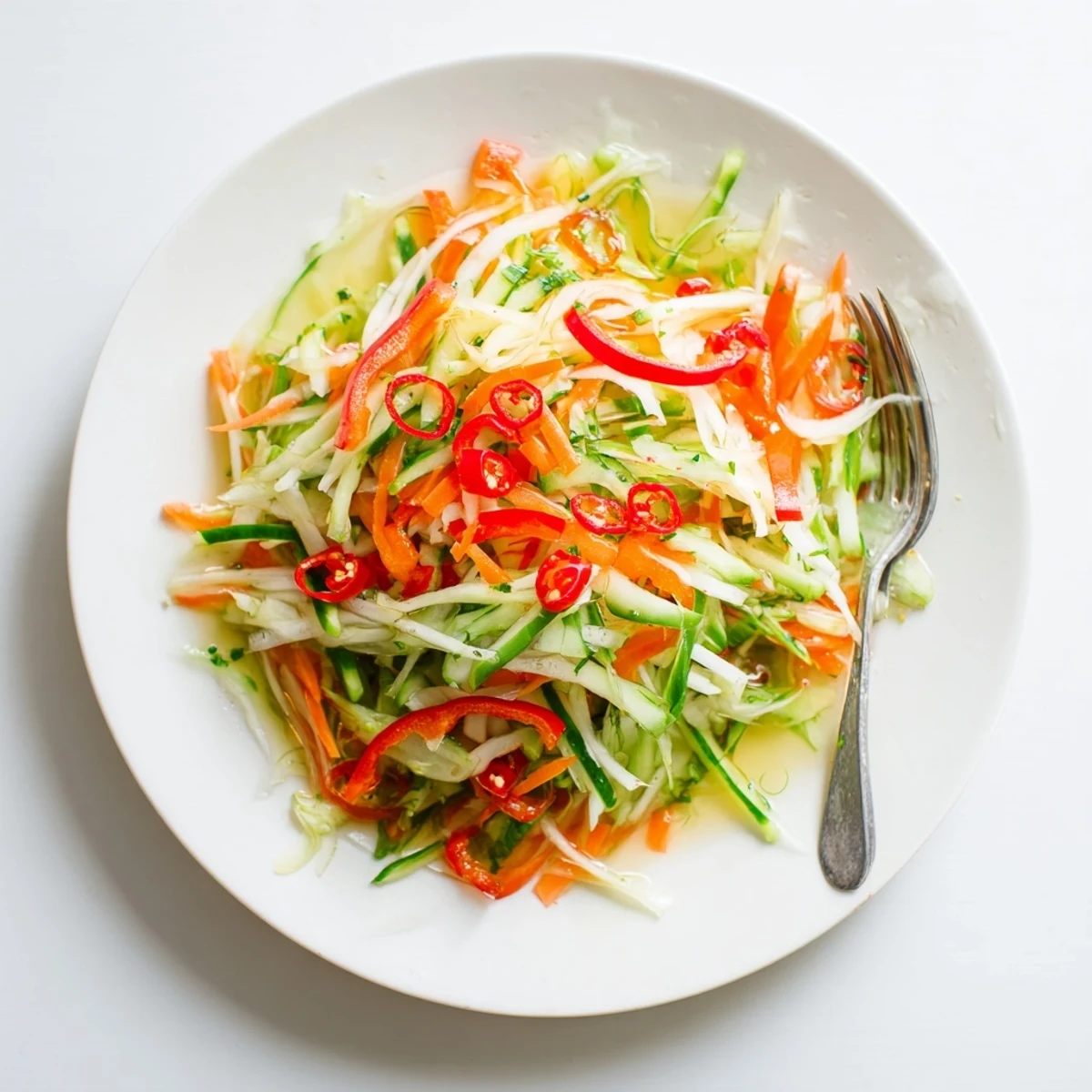 Freshly prepared Vietnamese Vegetable Pickle Medley showcasing crunchy cucumber and bell pepper slices, ideal for topping banh mi or rice bowls.