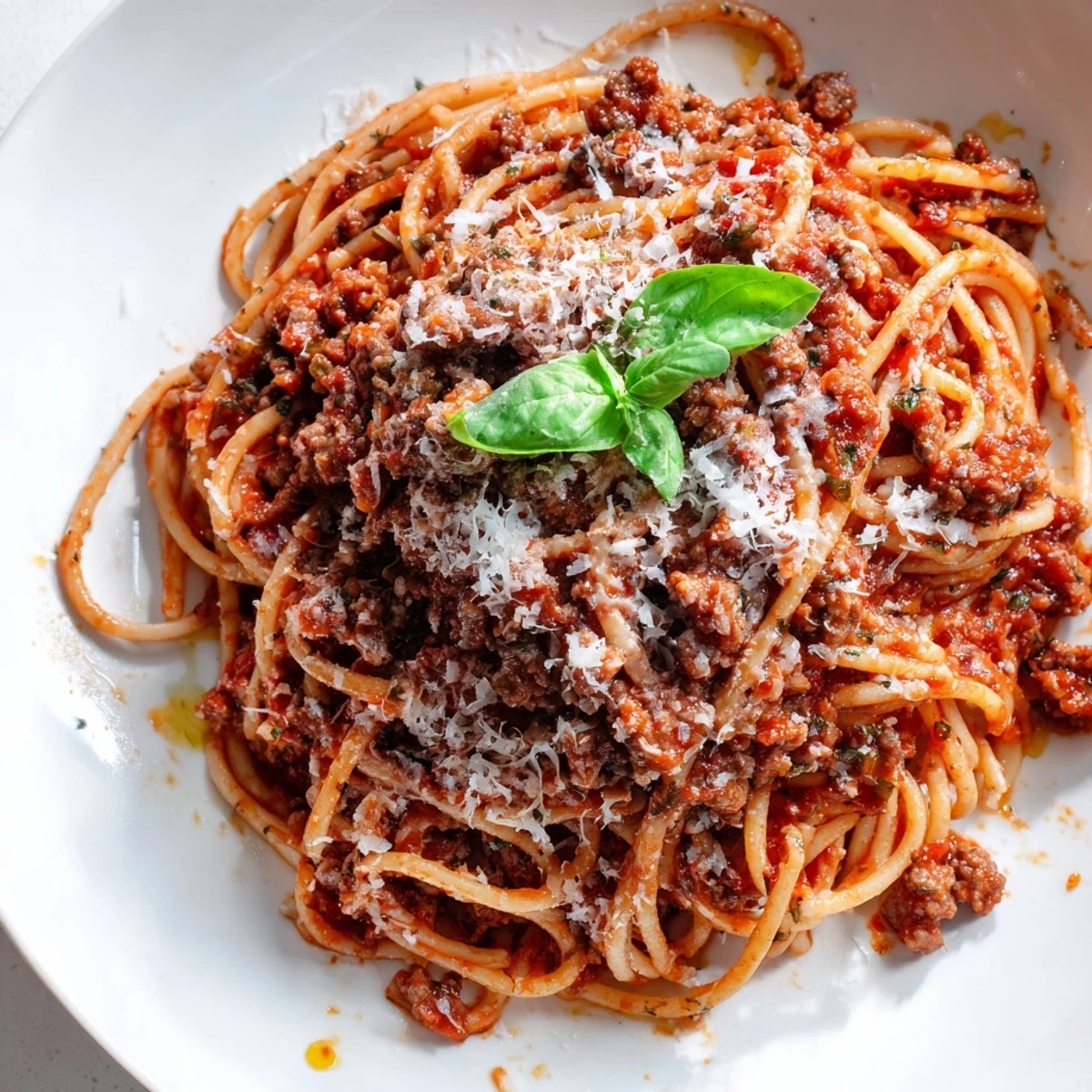 A close-up of The Bear Spaghetti topped with fresh basil and grated Parmesan, steam rising from the saucy pasta.