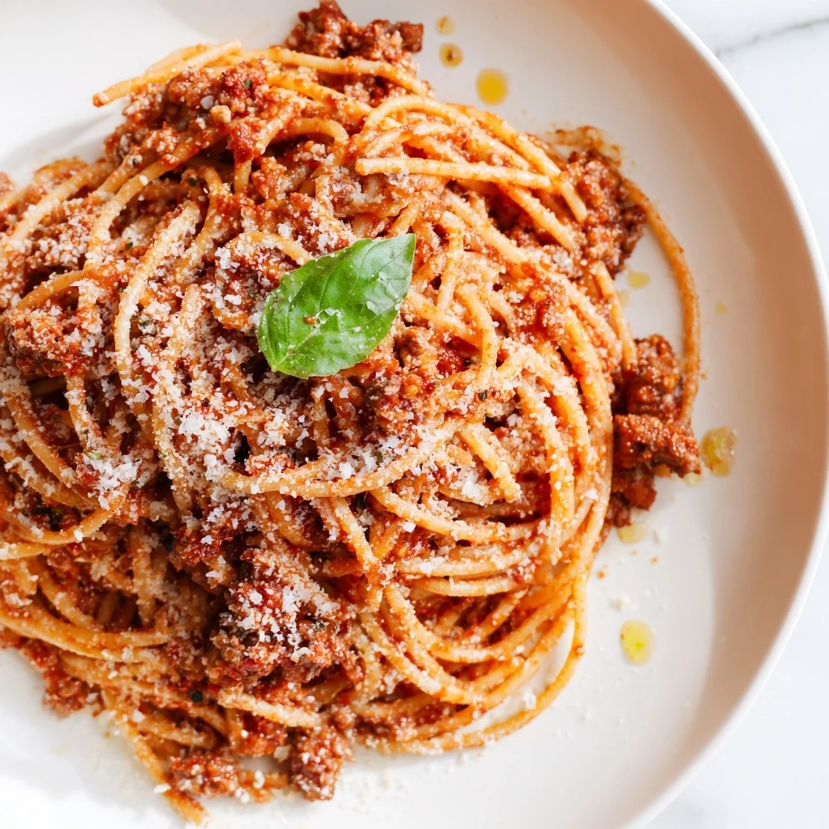 Plate of The Bear Spaghetti with ground beef, aromatic herbs, and a drizzle of olive oil, ready to be served.