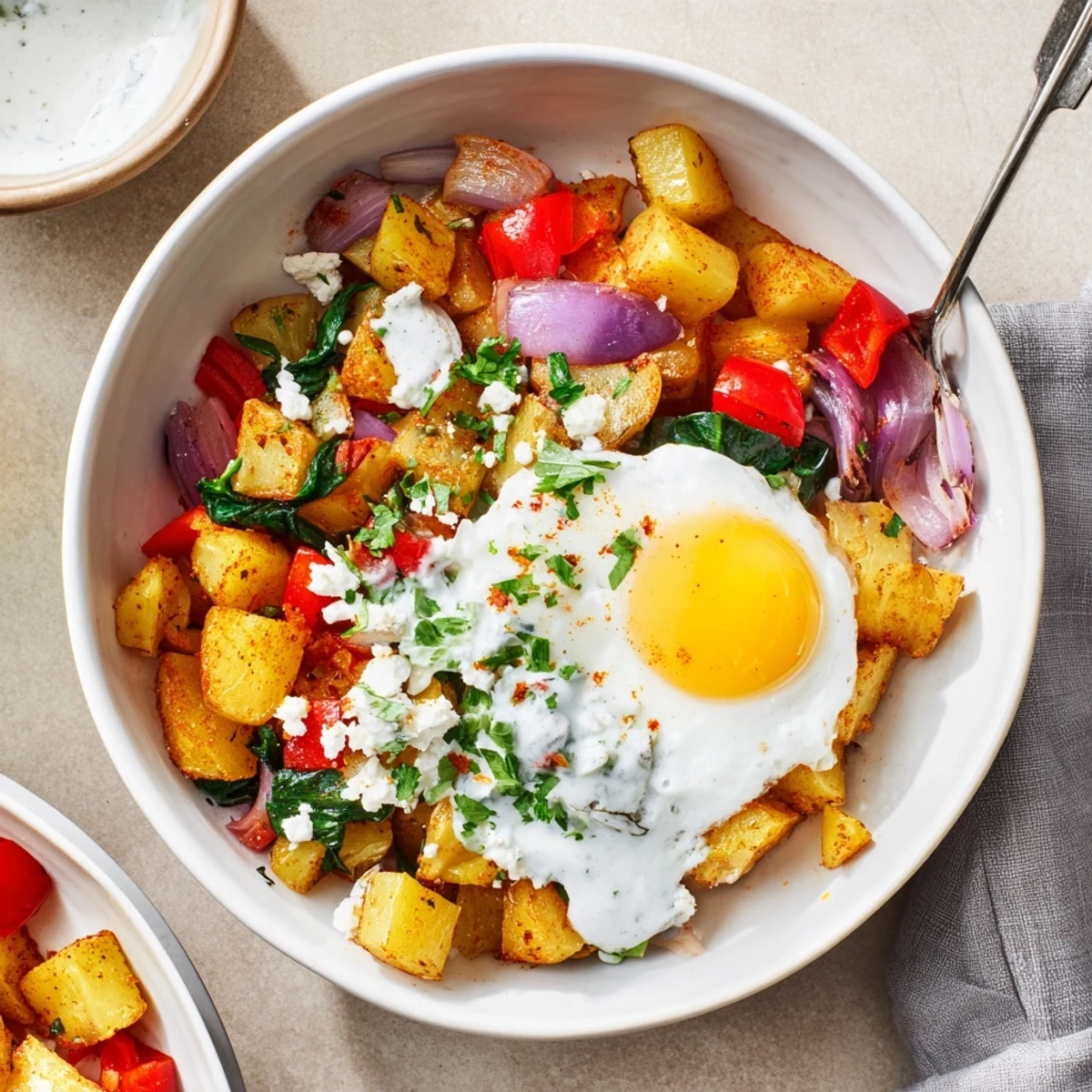 Fork over a warm Savory Breakfast Bowl with sautéed spinach, crispy potatoes, and a runny egg.