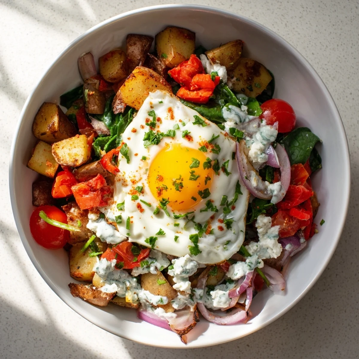 Steam rises from a hearty Savory Breakfast Bowl featuring colorful veggies and creamy Greek yogurt sauce.