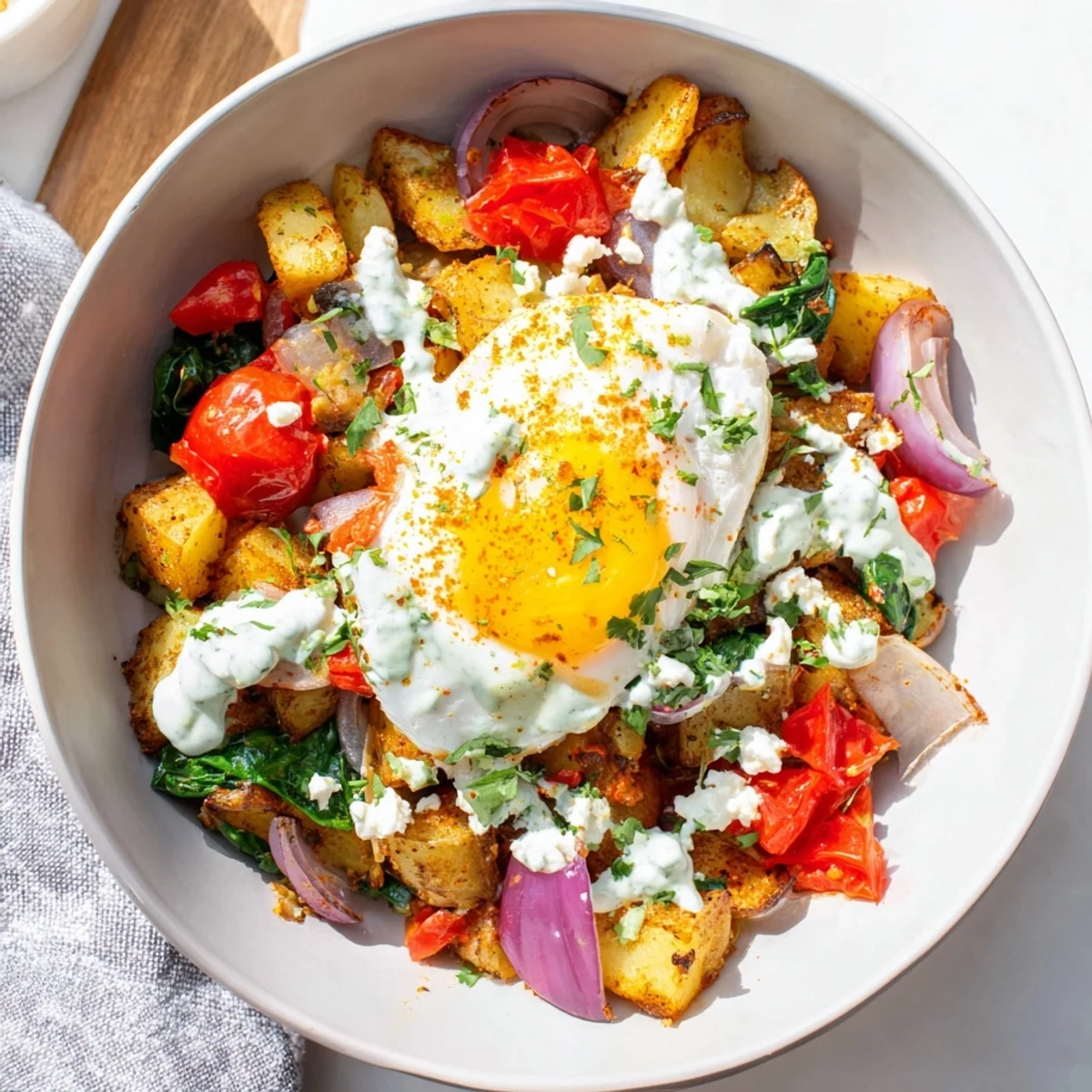 A close-up view of a Savory Breakfast Bowl garnished with parsley and feta next to toast.