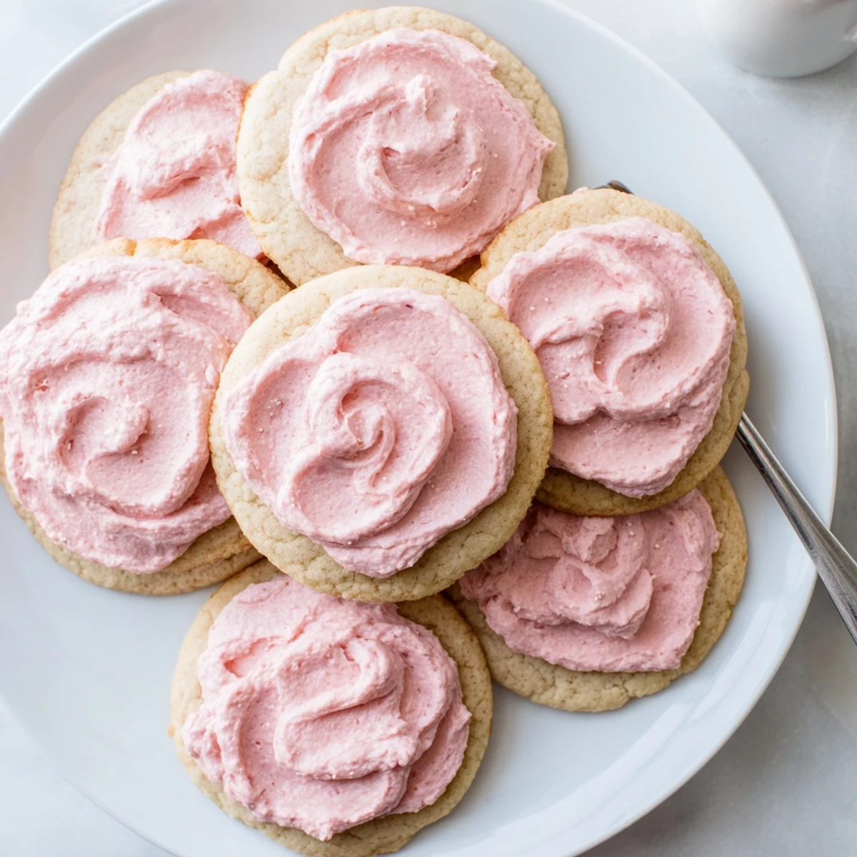Crumbl Sugar Cookies showing soft bakery-style texture and smooth pink frosting, plated beside a glass of cold milk.
