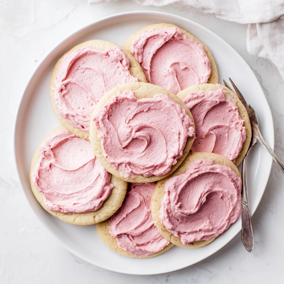 Large Crumbl Sugar Cookies stacked on a stand, their almond frosting swirls catching light for a sweet display.