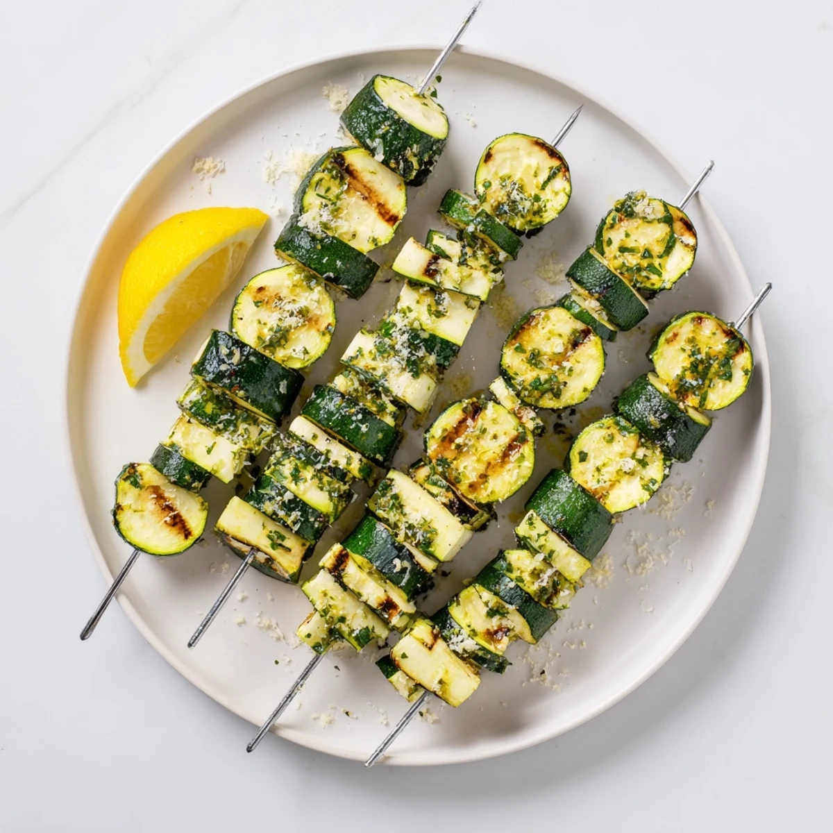 Juicy Garlic Butter Zucchini Skewers sizzling on the grill with aromatic garlic butter brushed over tender rounds.