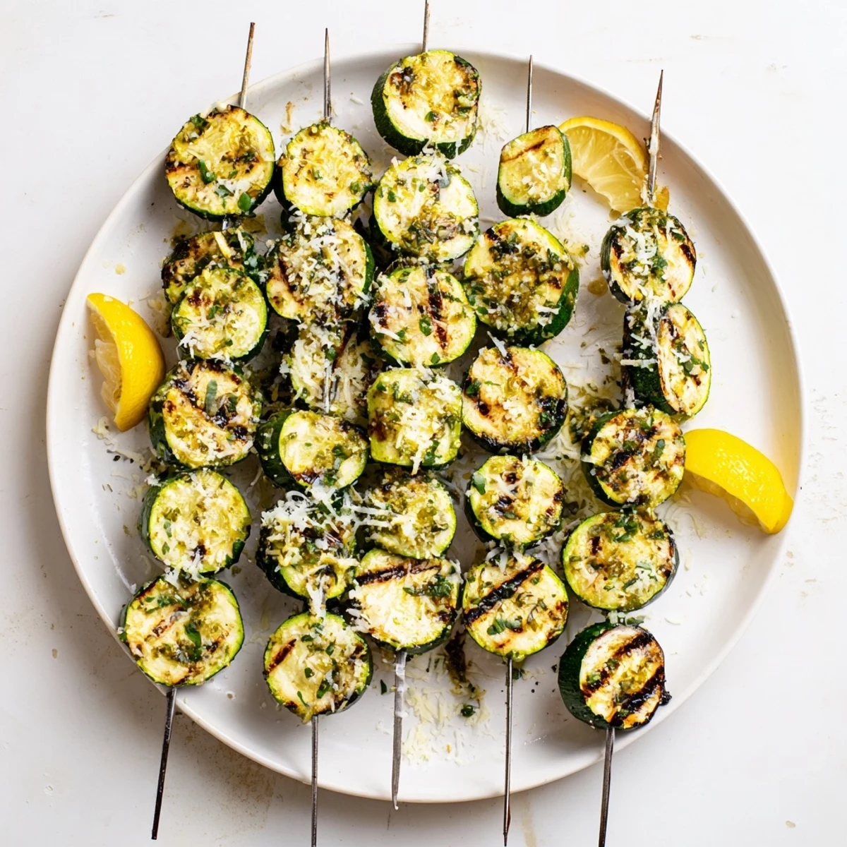 Served on a platter, these Garlic Butter Zucchini Skewers showcase lightly charred zucchini and fresh parsley garnish.
