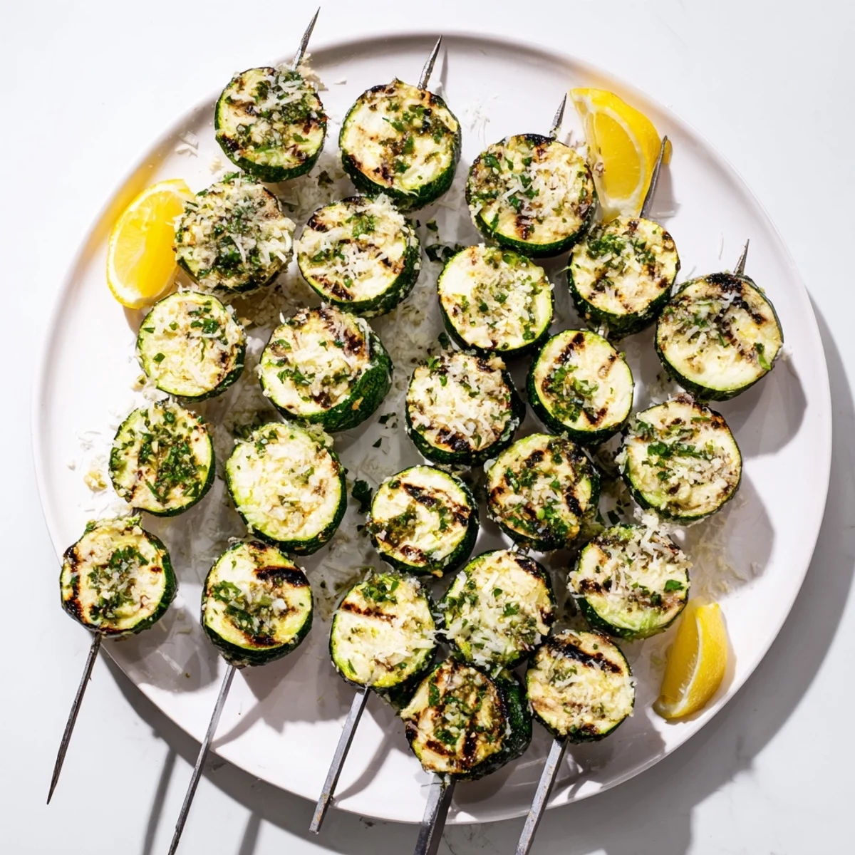 A close-up of Garlic Butter Zucchini Skewers reveals golden edges and a glistening garlic butter finish.