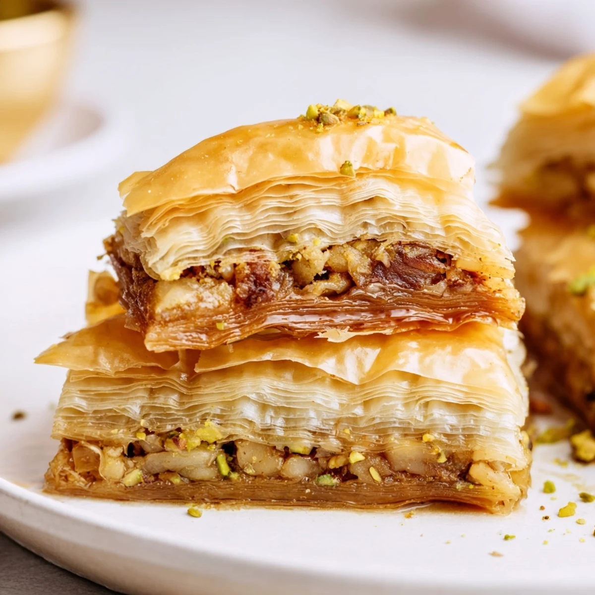 Golden, flaky Greek Baklava squares with crushed walnuts, pistachios, and a glossy honey syrup drizzle.