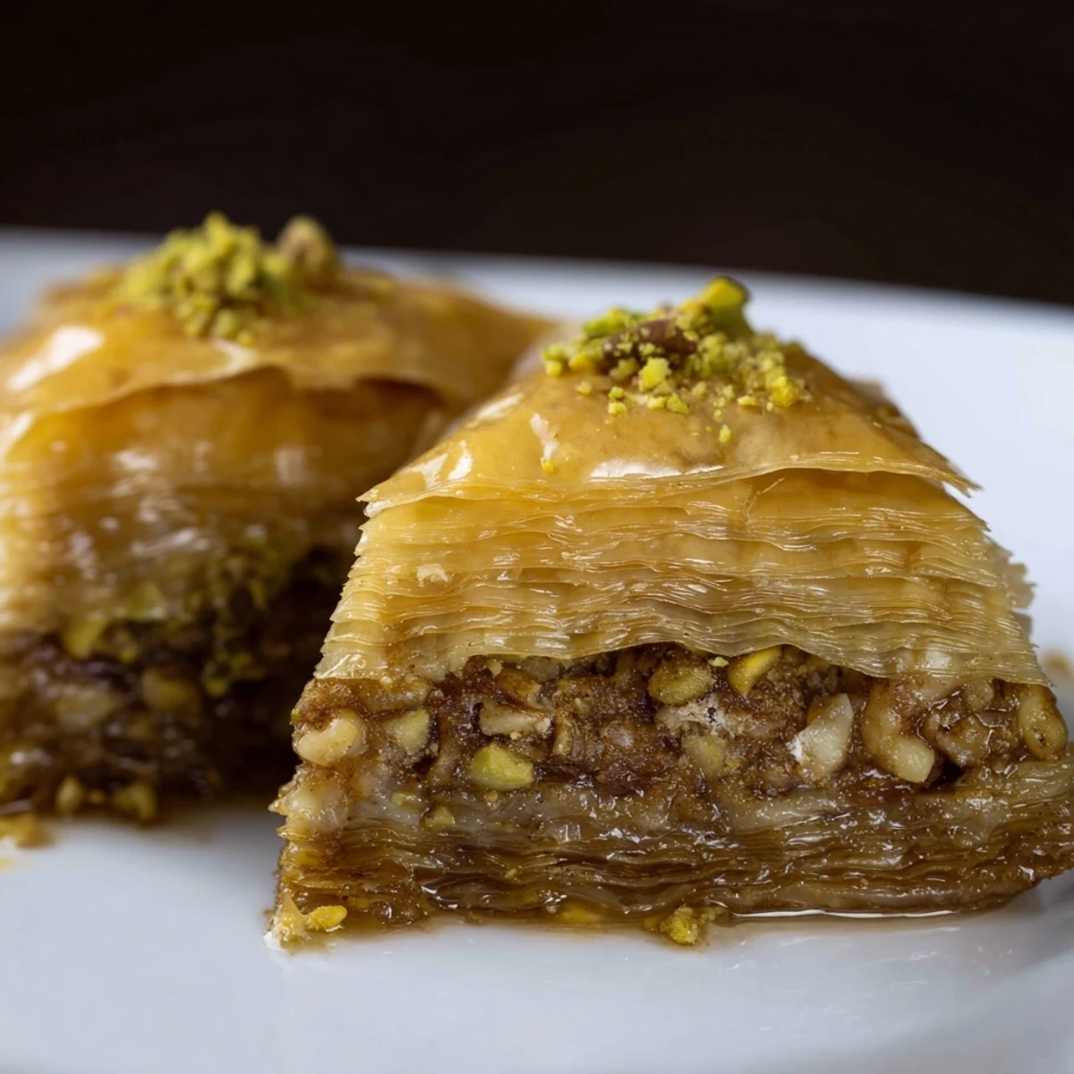 A close-up of Greek Baklava stacked on a plate beside a cup of hot Greek coffee.