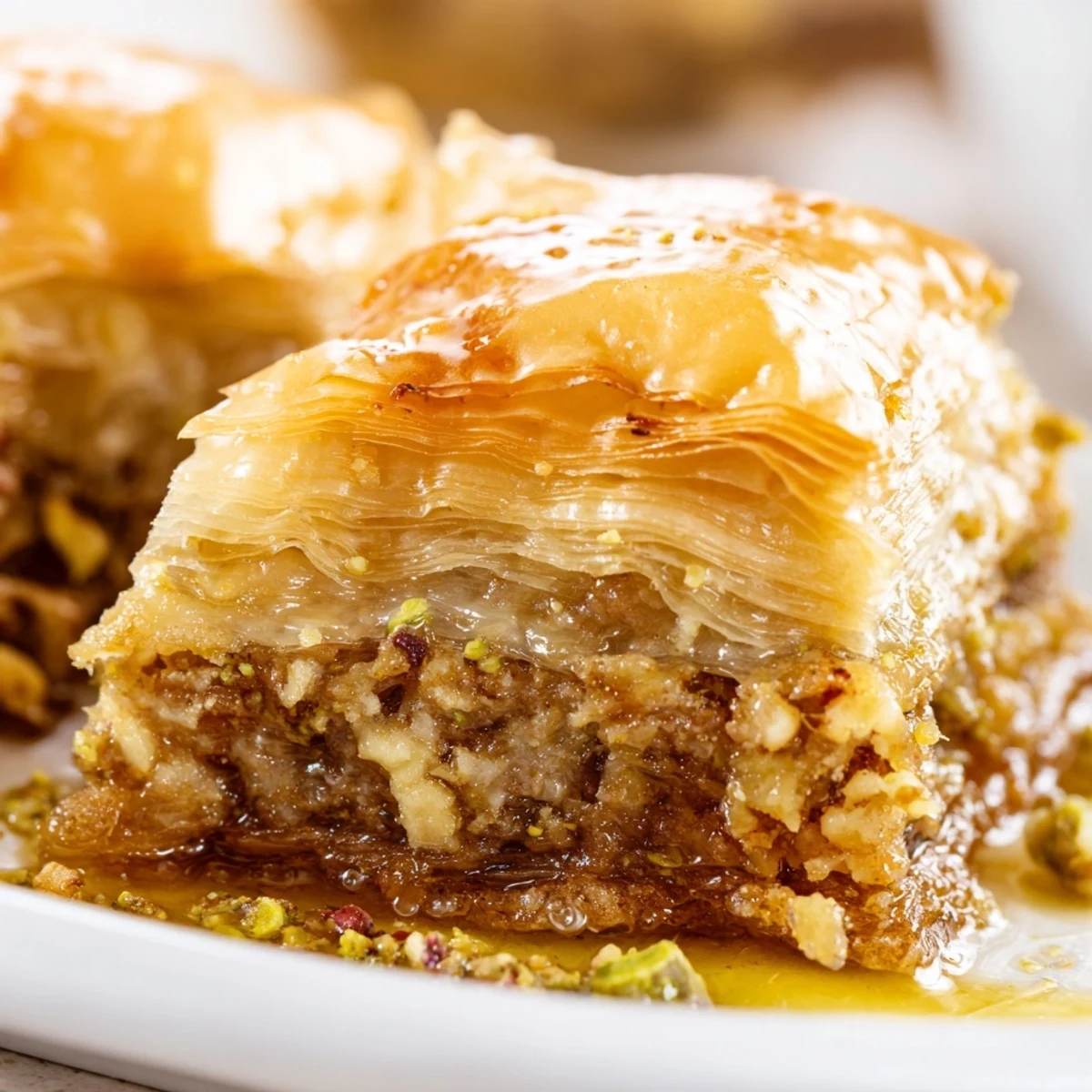 Freshly baked Greek Baklava with cinnamon-spiced nuts and buttery phyllo layers, served on a rustic wooden board.