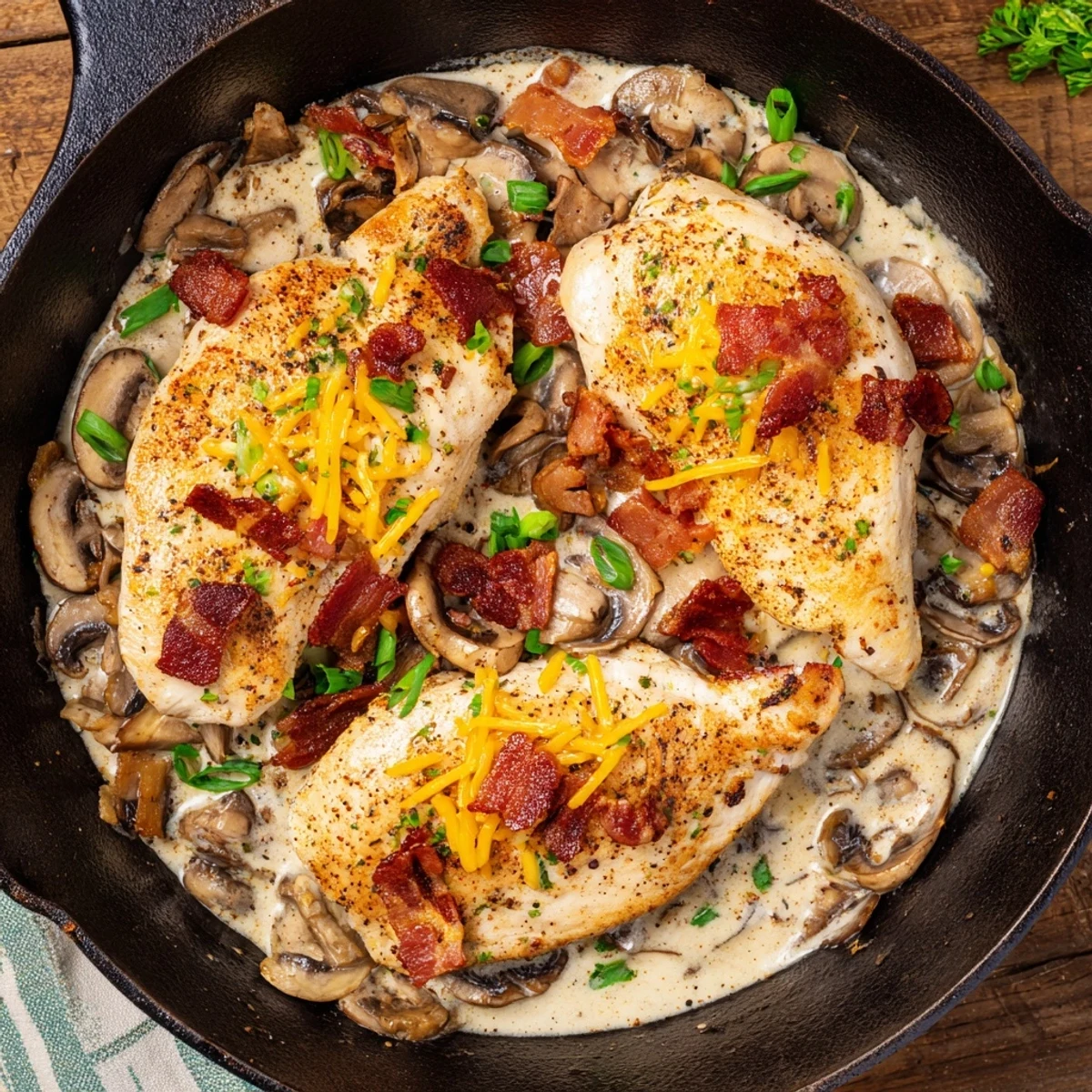 Golden-brown Mississippi Mud Chicken breasts topped with melted cheddar and mozzarella, smothered in a creamy mushroom and bacon sauce for a comforting Southern-inspired dinner.  