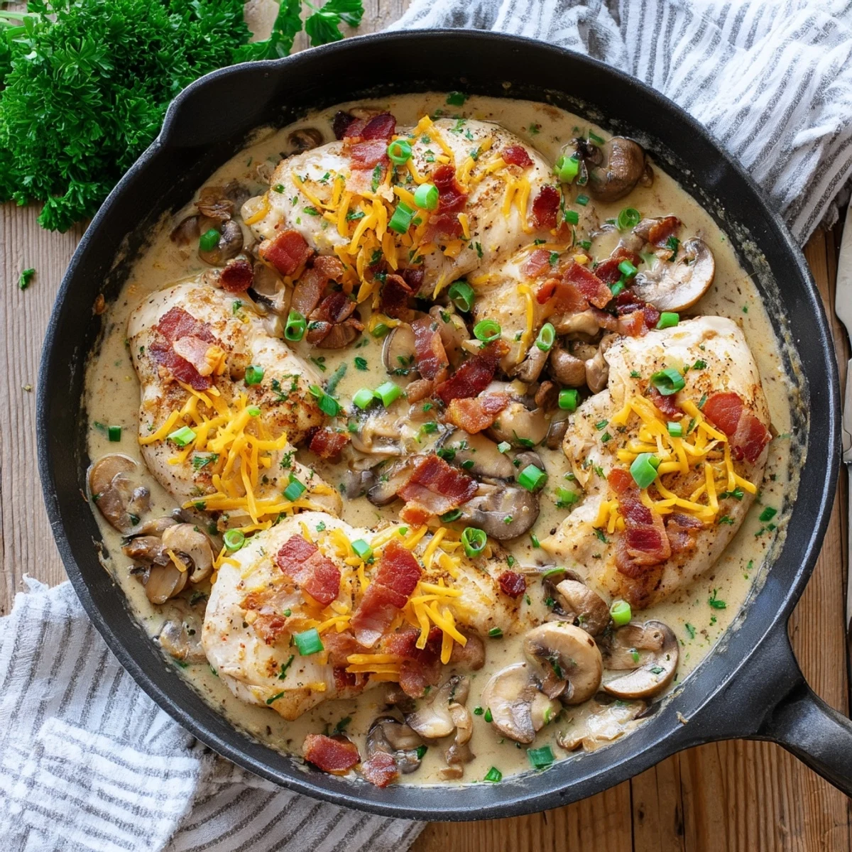 Sizzling skillet of Mississippi Mud Chicken just out of the oven, featuring bubbling cheese, crispy bacon bits, and fresh green onions garnish, ready to serve.  