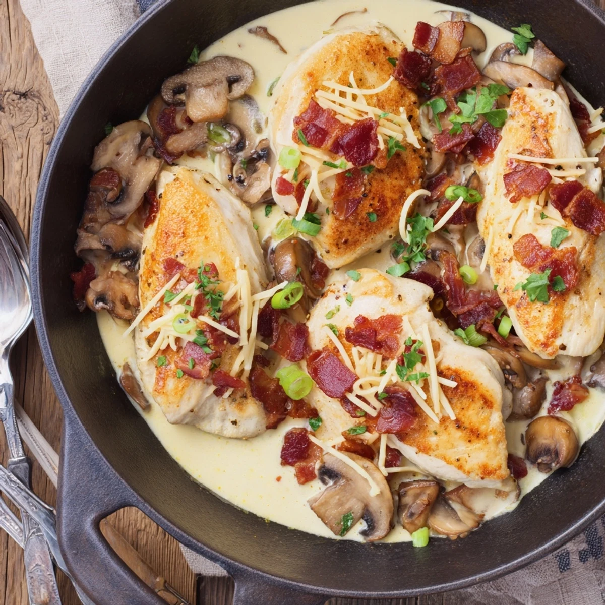 A close-up of Mississippi Mud Chicken on a white plate, showcasing tender meat beneath a rich, creamy sauce with mushrooms and bacon.