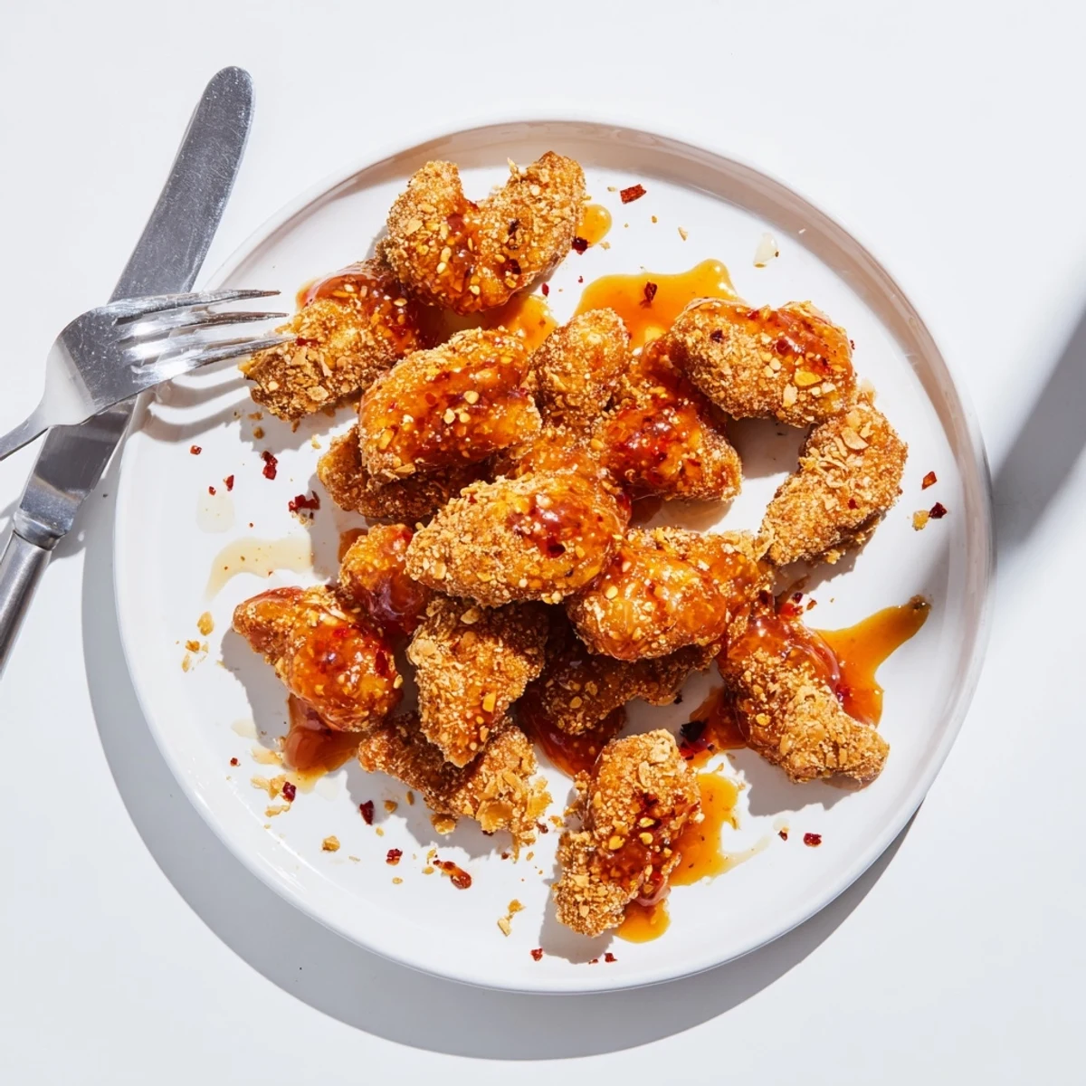 Juicy Baked Crunchy Hot Honey Chicken on a plate with coleslaw and pickles for an American weeknight dinner.