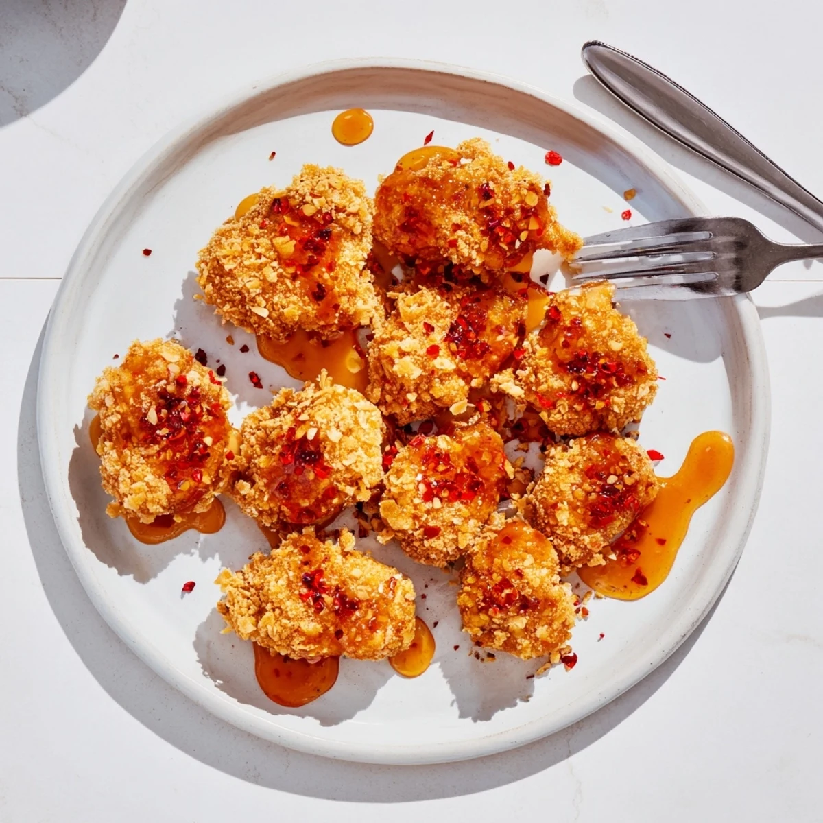 A close-up of Baked Crunchy Hot Honey Chicken showing juicy slices beneath the crunchy crust and glossy drizzle.