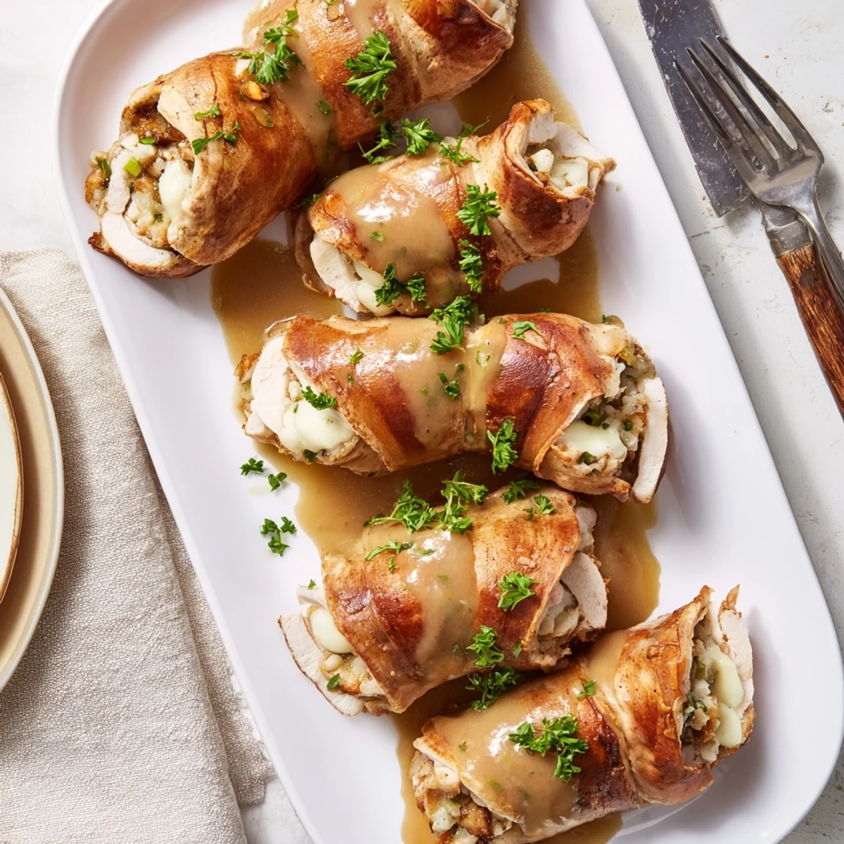 Golden-brown Flavor-Packed Turkey Roll-Ups with Stuffing sit in a baking dish, drizzled with gravy and garnished with parsley for a comforting dinner.  