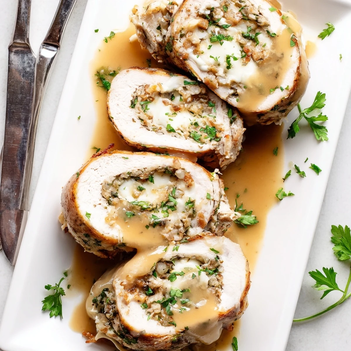 Juicy Flavor-Packed Turkey Roll-Ups with Stuffing are served on a plate beside creamy mashed potatoes and steamed green beans for a complete meal.  