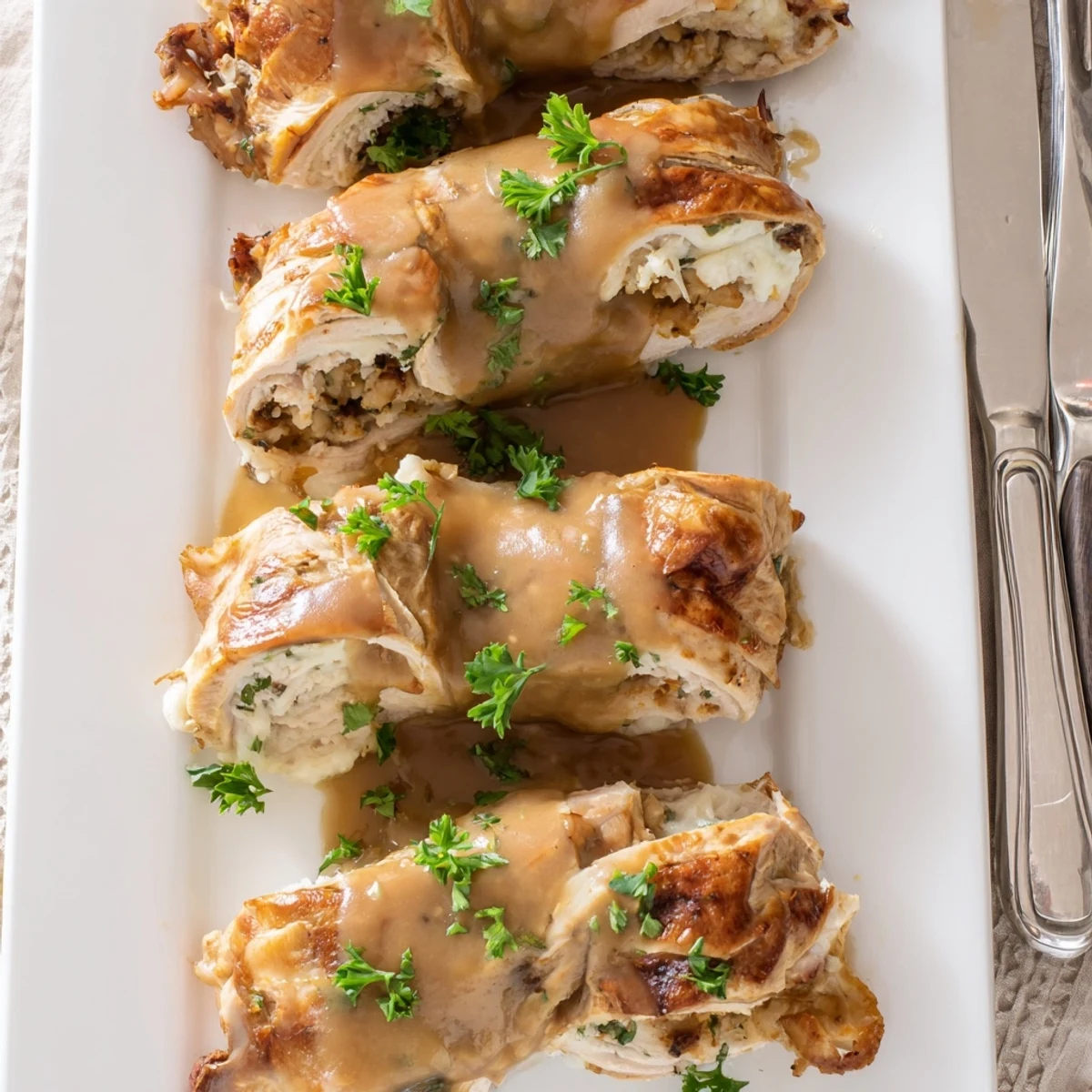 Freshly baked Flavor-Packed Turkey Roll-Ups with Stuffing feature tender turkey slices wrapped around savory stuffing and melted provolone cheese.