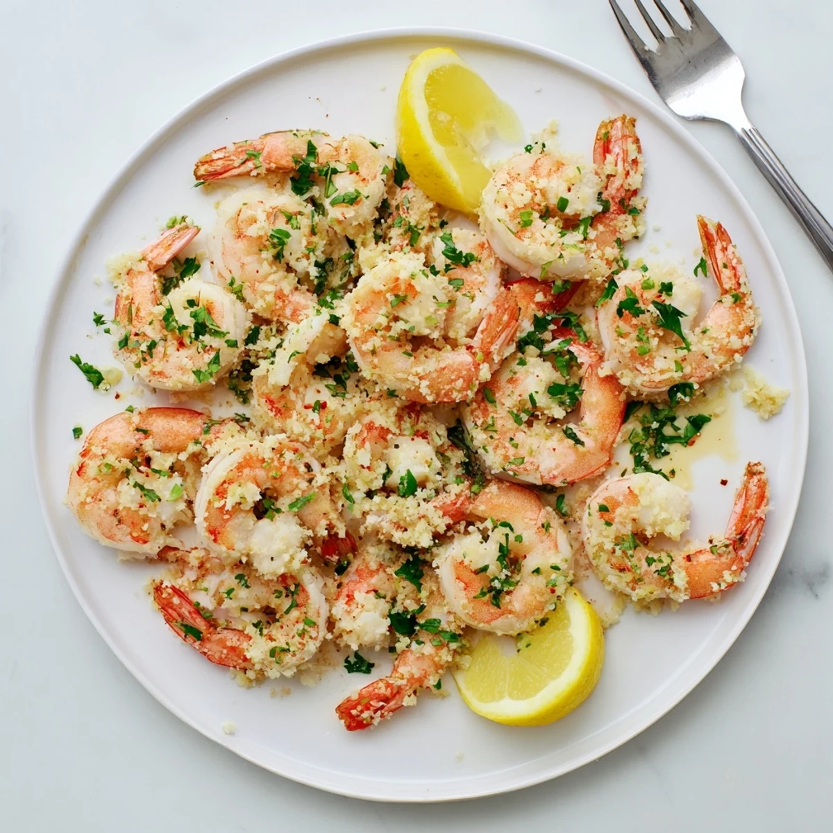 A close-up of succulent air fryer garlic parmesan shrimp shows a savory, cheesy crust and vibrant green herbs.