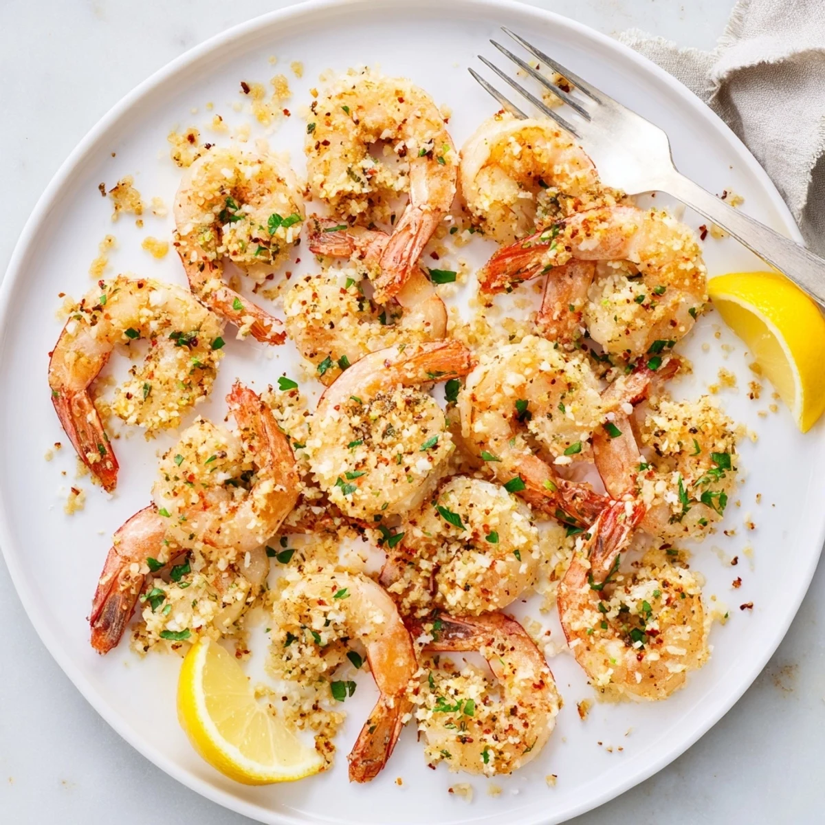 Golden, crispy air fryer garlic parmesan shrimp glisten on a plate, garnished with fresh parsley and lemon wedges.