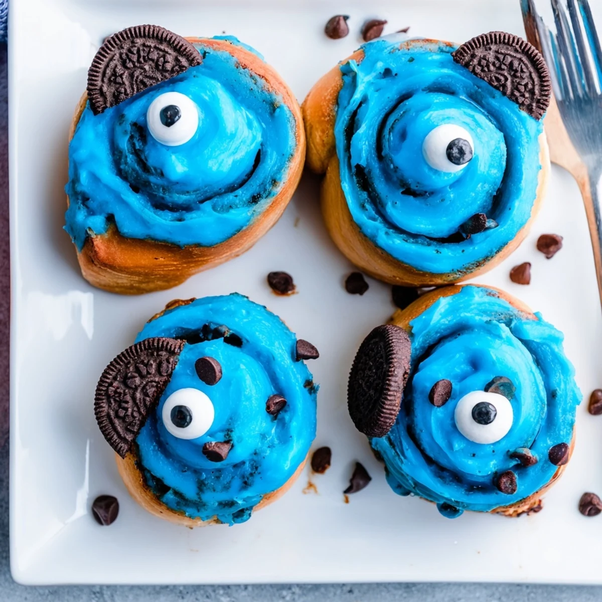 Freshly baked blue Cookie Monster Cinnamon Rolls with cream cheese frosting and edible candy eyes.