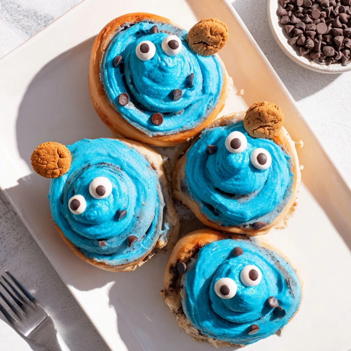 Warm serving of Cookie Monster Cinnamon Rolls decorated with playful eyes, perfect for a fun breakfast.