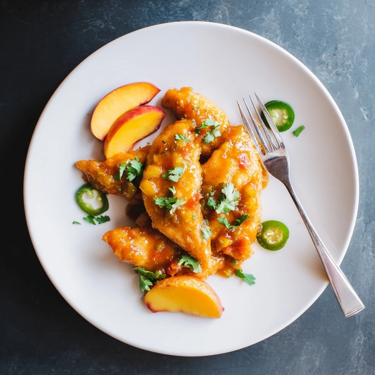 Golden-brown chicken breasts coated in a glossy jalapeño peach glaze, garnished with fresh cilantro and sliced peaches on a rustic platter.