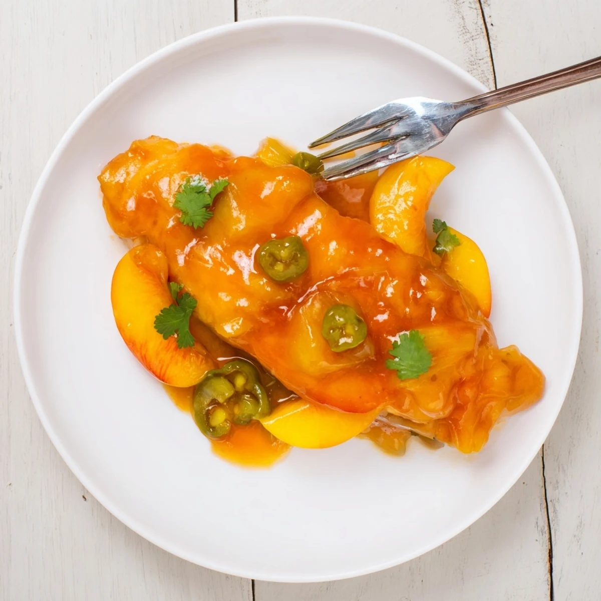Close-up of tender glazed chicken with a sweet-spicy sauce, served alongside fluffy rice and a sprinkle of fresh herbs.