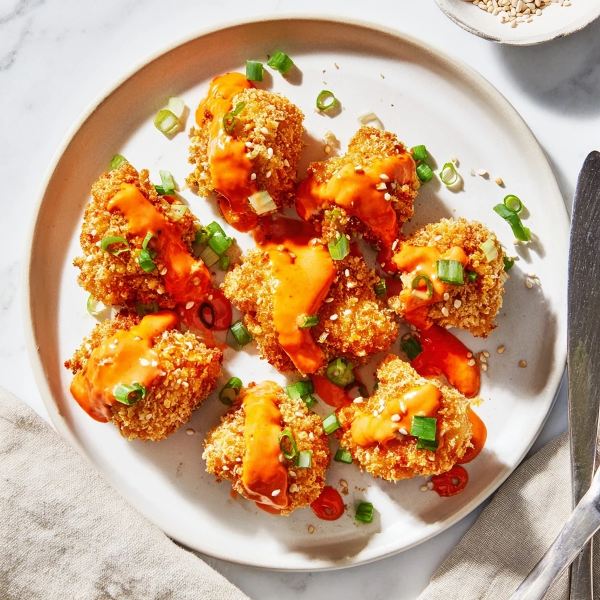 Golden-brown chicken bites coated in almond flour and parmesan, glistening with creamy spicy bang bang sauce.