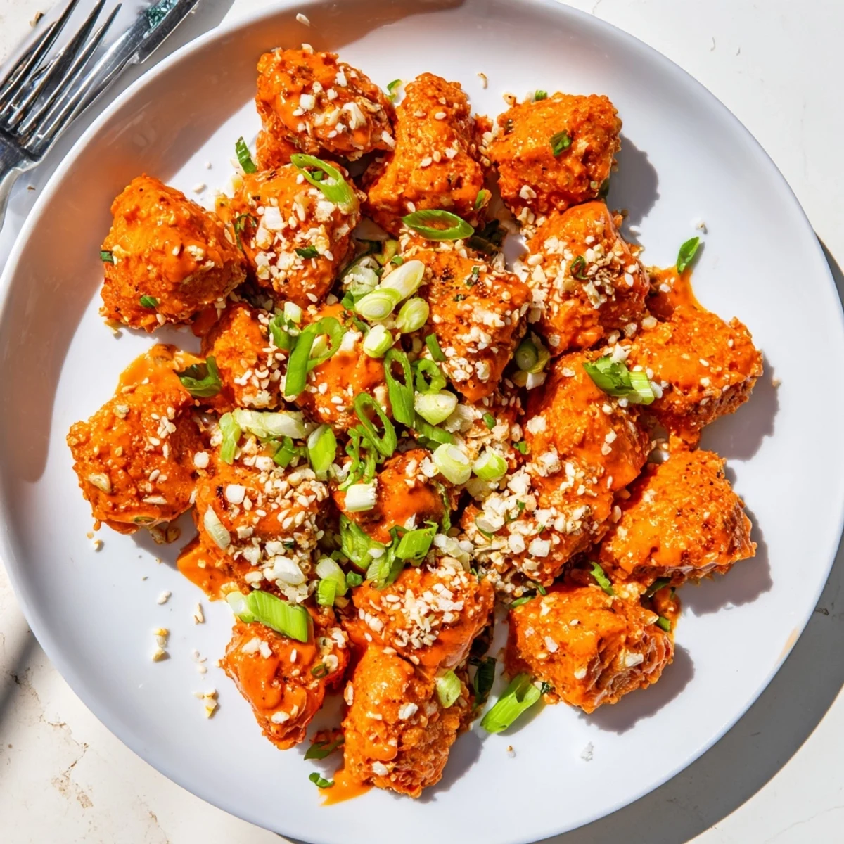 Tender baked chicken coated in almond flour, drizzled with creamy bang bang sauce and sesame seeds.