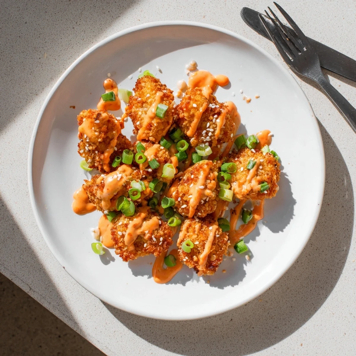 Golden-brown chicken bites coated in almond flour and parmesan, glistening with creamy spicy bang bang sauce.