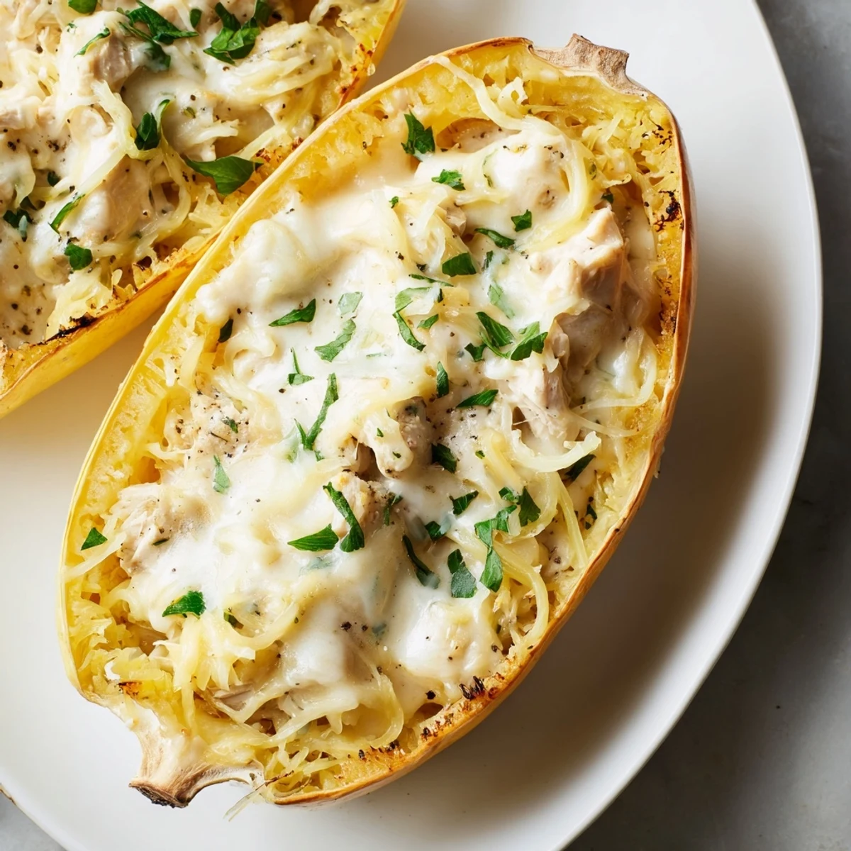 Roasted spaghetti squash boats stuffed with tender chicken and creamy Alfredo, topped with golden, bubbly mozzarella cheese.
