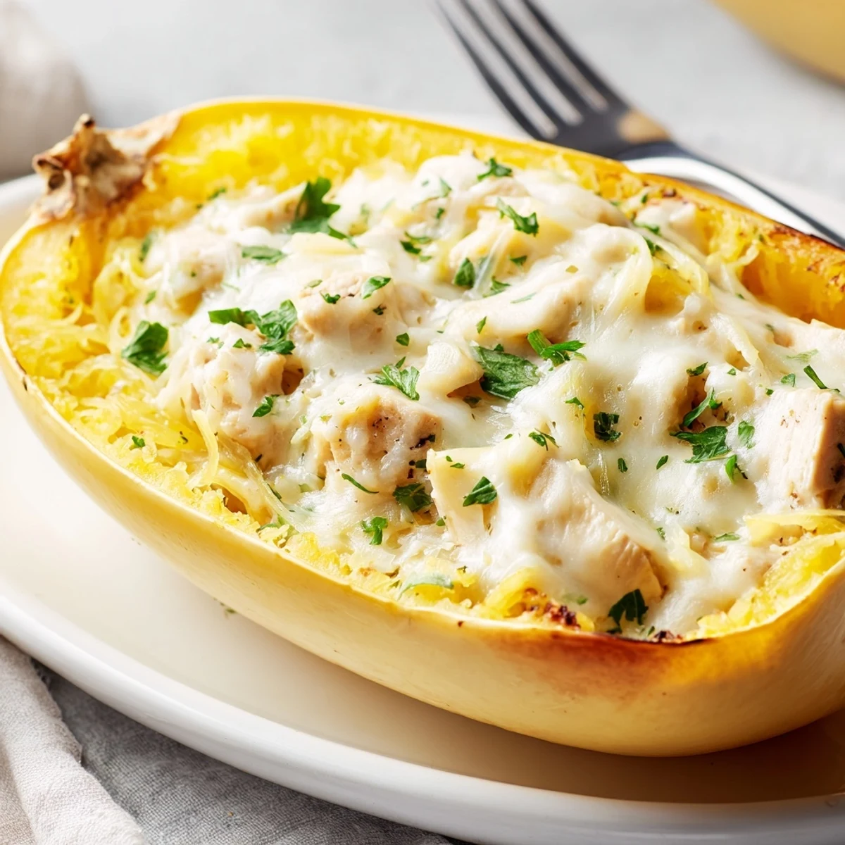 Gluten-free Chicken Alfredo Spaghetti Squash Boats served as a hearty, family-friendly dinner with a light salad.