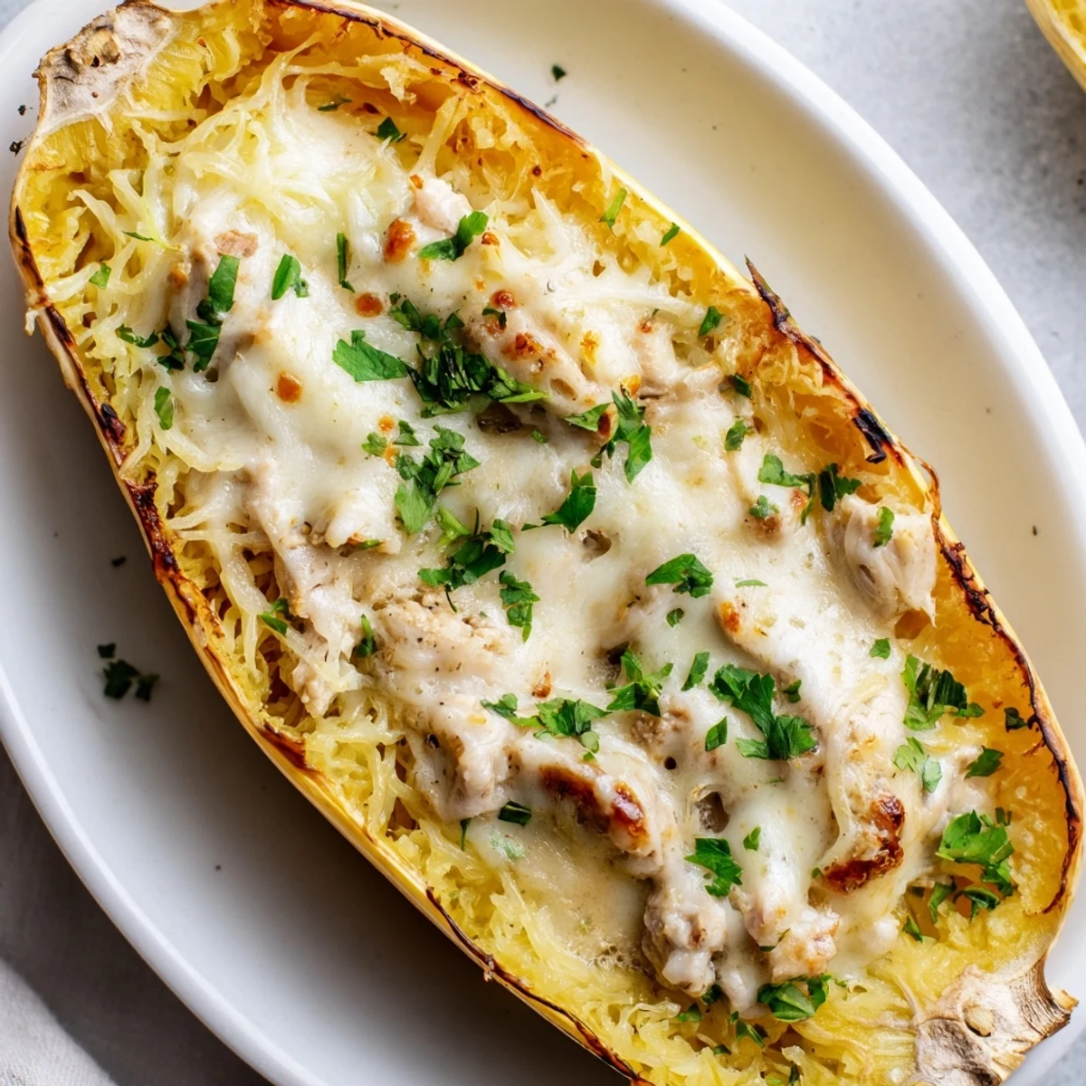 Juicy chicken and Parmesan Alfredo sauce fill roasted spaghetti squash boats, garnished with fresh parsley and black pepper.