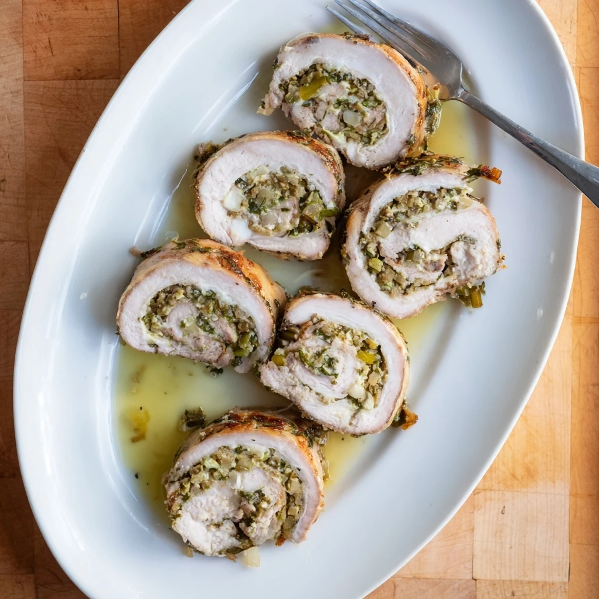 Golden-baked Flavor-Packed Turkey Roll Ups with Stuffing arranged on a white platter, garnished with fresh parsley and served alongside cranberry sauce.