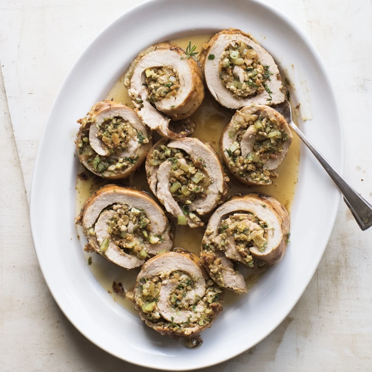 Moist turkey cutlets stuffed with savory herb filling, sliced to reveal layers of Flavor-Packed Turkey Roll Ups with Stuffing on a rustic plate.