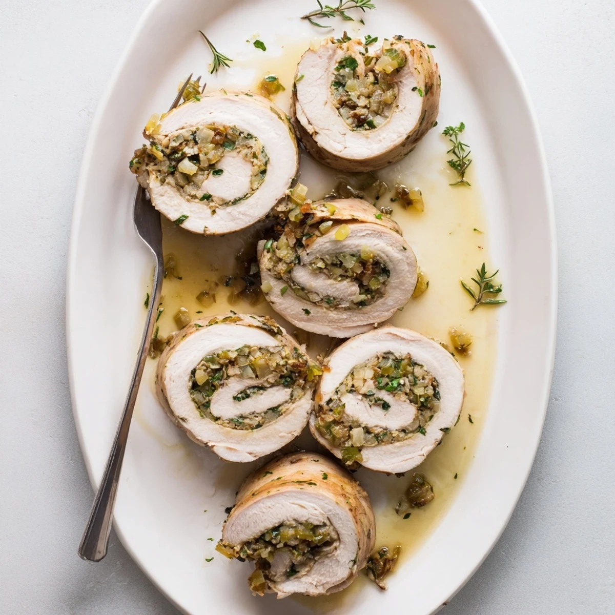 A close-up view of Flavor-Packed Turkey Roll Ups with Stuffing resting on a wooden board, steam rising from the tender, juicy slices.