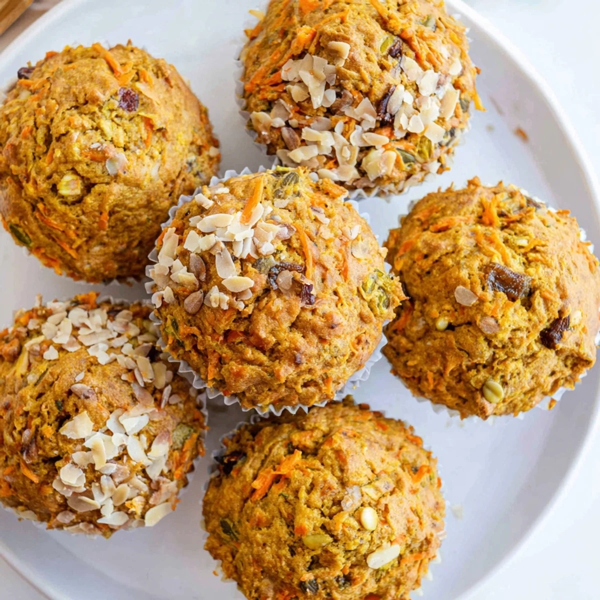 Golden Morning Glory Muffins with grated carrots and apple chunks on a rustic wooden board.