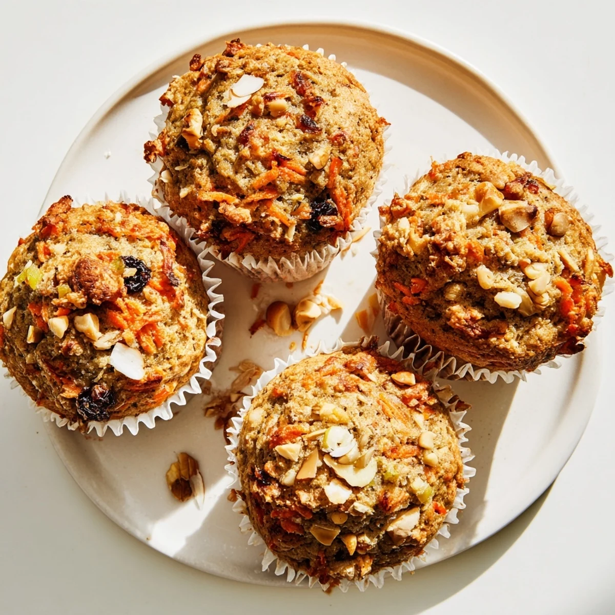 Freshly baked Morning Glory Muffins with warm spices, served with a cup of coffee.