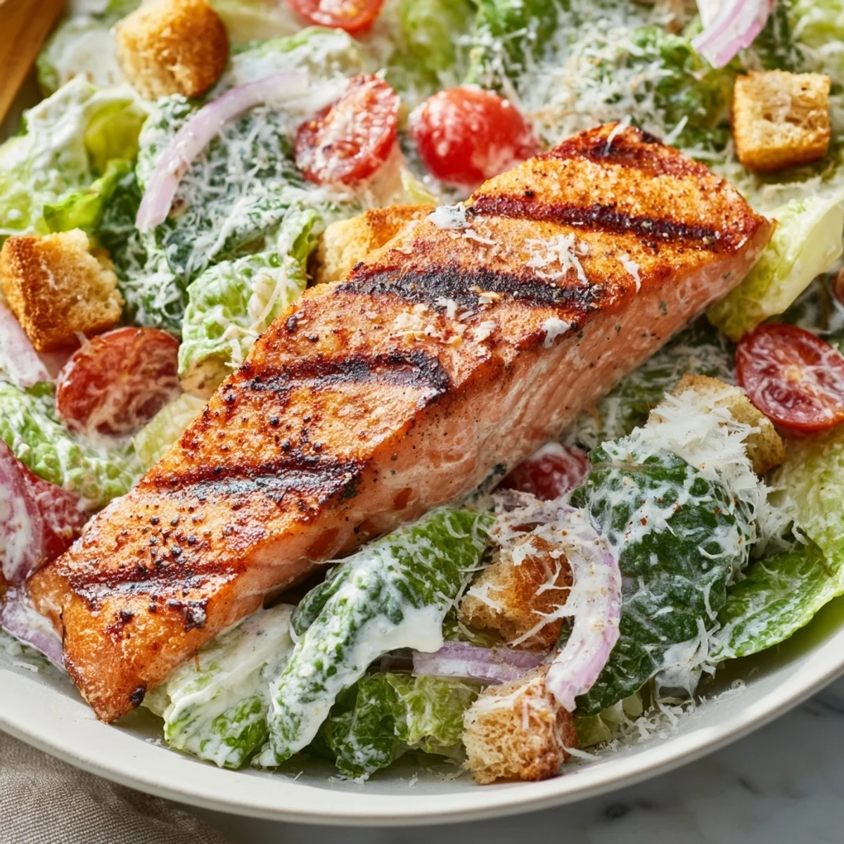 Grilled salmon Caesar salad with flaky pink fillet on crisp romaine and crunchy croutons.