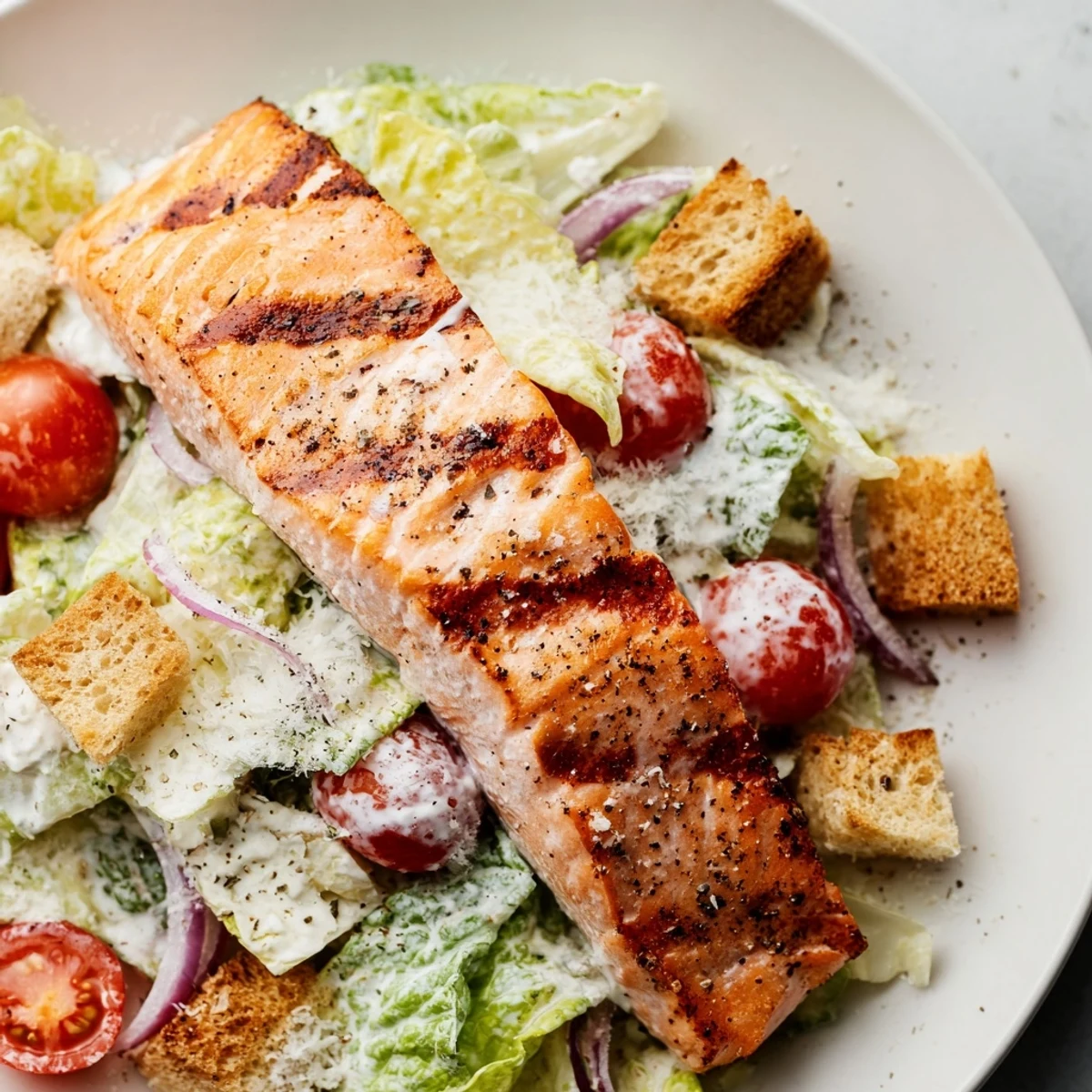 Freshly made Caesar dressing drizzled over vibrant salad topped with grilled salmon and Parmesan.