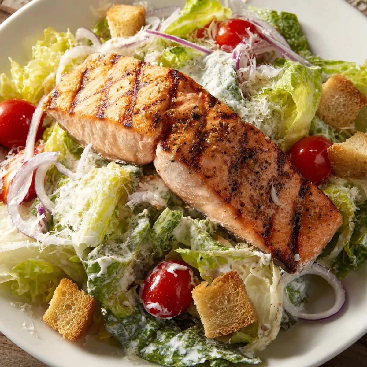 Healthy salmon Caesar salad plated with juicy tomatoes and red onion for a satisfying dinner.