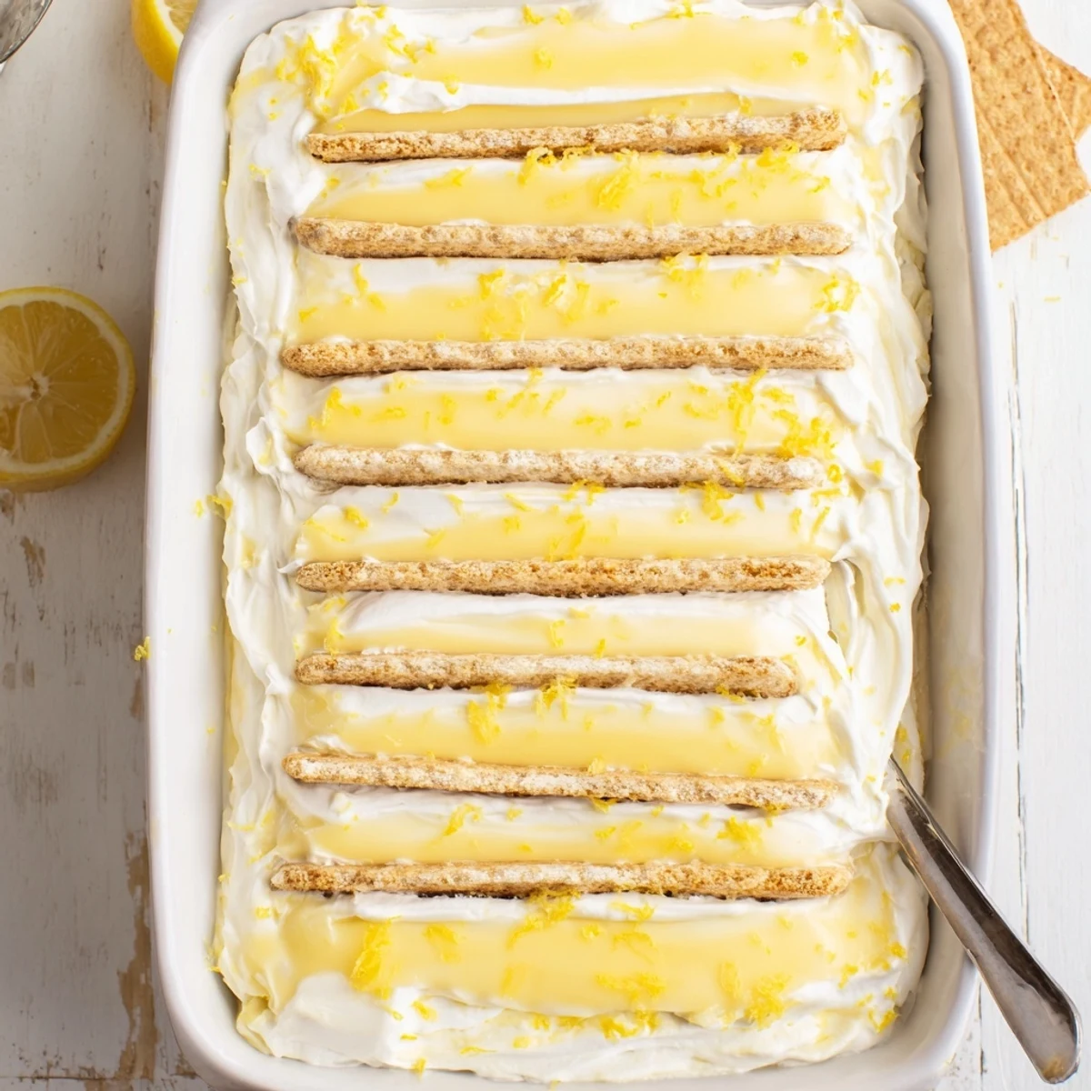 Chilled No Bake Lemon Eclair Cake showcases layered graham crackers, creamy lemon pudding, and a silky glaze ready to serve.