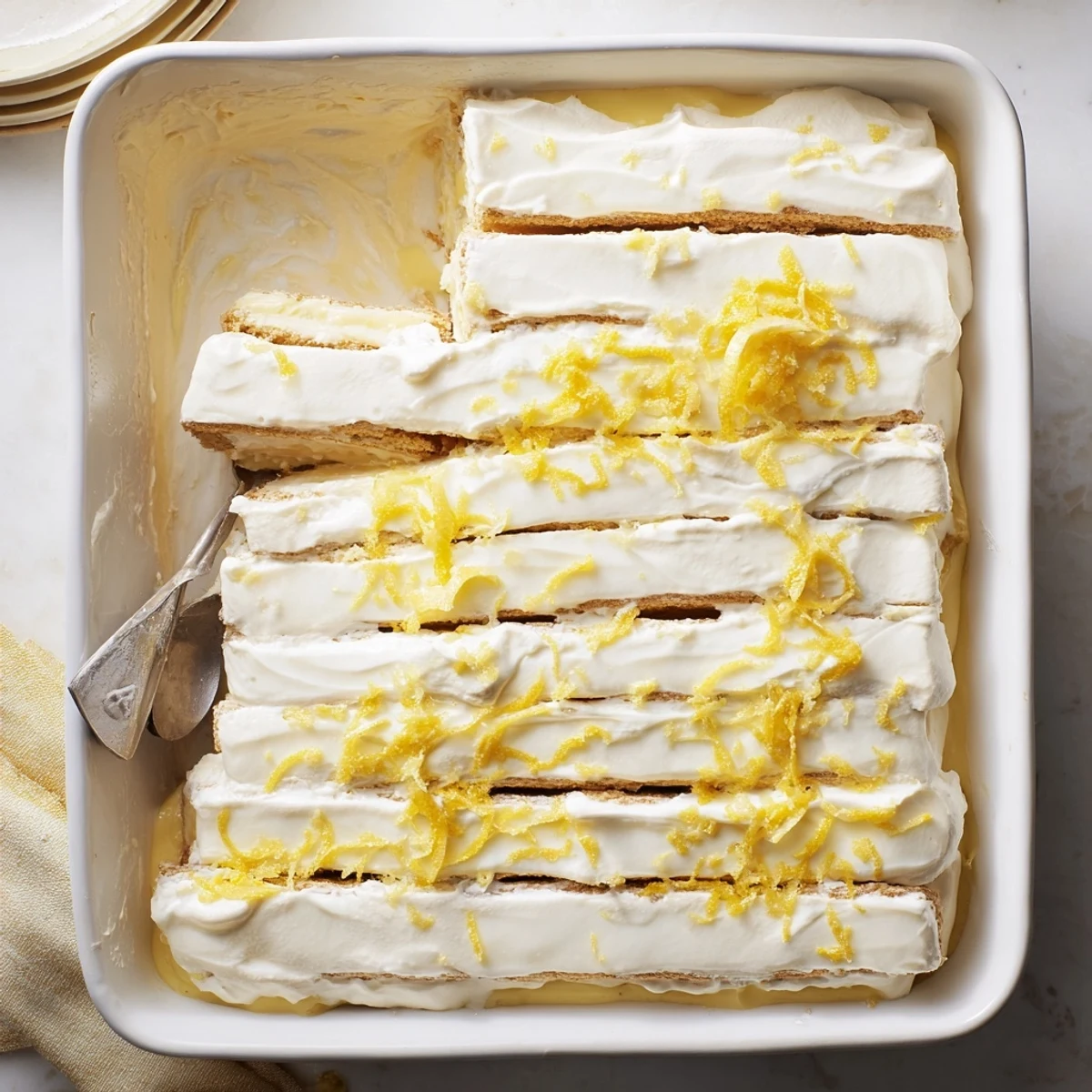A close view of No Bake Lemon Eclair Cake highlights fluffy whipped topping, bright lemon zest, and a smooth glaze.