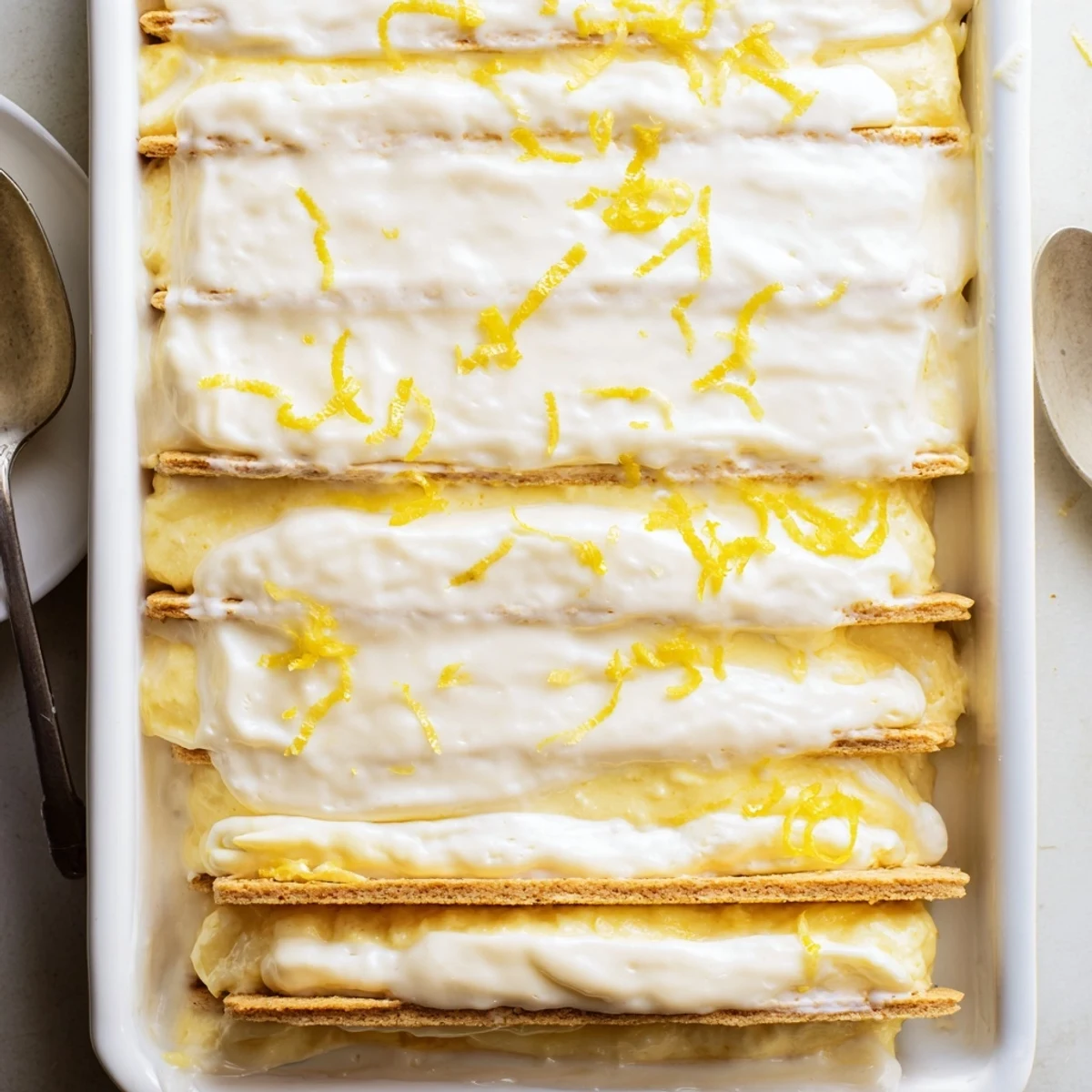 Sliced No Bake Lemon Eclair Cake reveals soft graham crackers, rich lemon cream, and a refreshing dessert for summer gatherings.